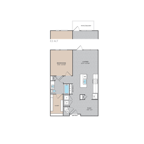 Floor plan for 1 bed, 1 bath, 868 sqft